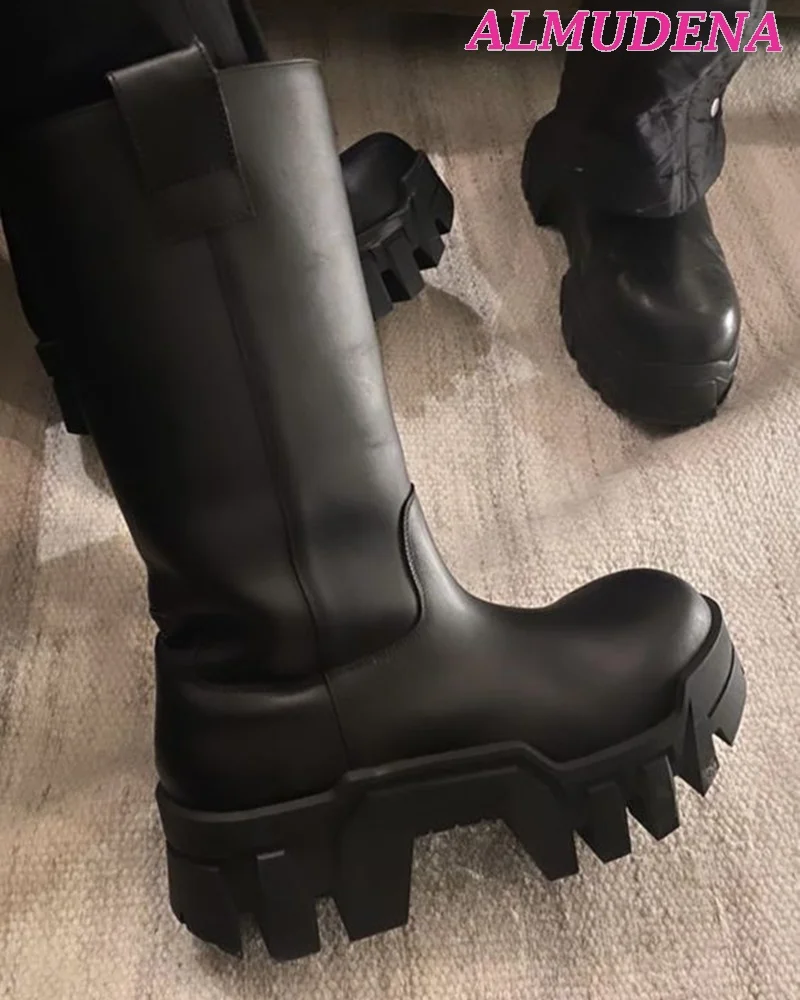 Real Leather Black Bulldozer Boots Women Platform Thick Rubber Sole Punk Style Booties New in Luxury Designer Shoes on Offer