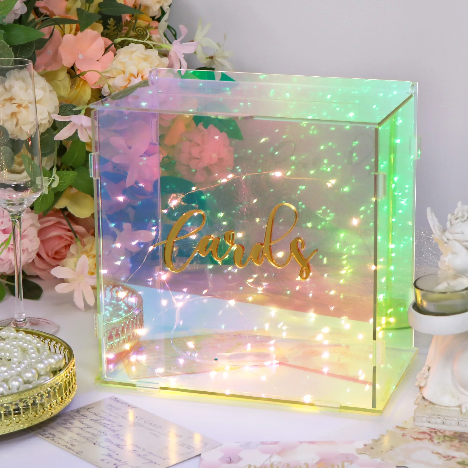 Wedding Card Box Acrylic Transparent Card Boxes Colorful with 2M String Lights for Anniversary Birthday Party Baby Shower Decor