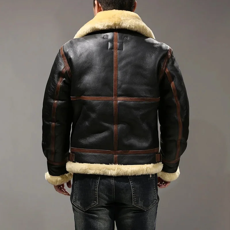 HA-B3 Asian Size Quality Warm Thick Heavy Genuine Sheep Leather Mens Winter Shearling Fur B3 Jacket