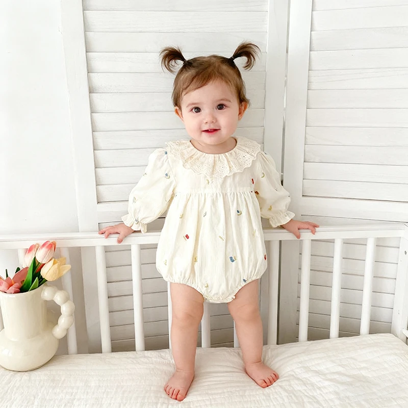 

2025 New Autumn Newborn Baby Girl Flower Embroidery Jumpsuit Spring Long Sleeved Toddler Baby Girl Romper 0-24M Children Clothes