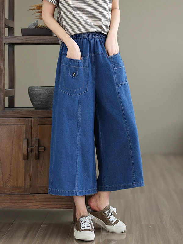 

plus Size Women's Loose Versatile Slimming Denim Nine-Piece Wide Leg Pants Blue Elastic Waist Thin Model Summer l Waist