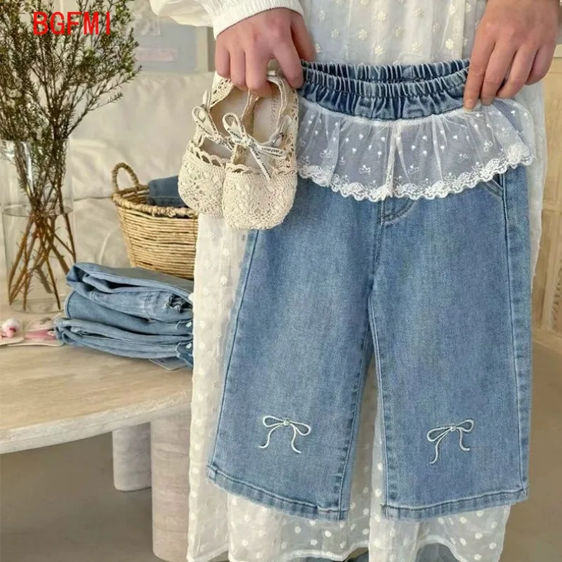 Korean Children's Clothing Girls Lace Lace Wide Leg Pants Spring Autumn Bow Blue Jeans Casual Soft Denim Trousers 2-10Y