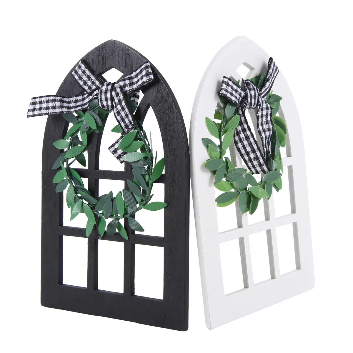 2Pcs Wooden Farmhouse Window Tiered Tray Decoration Plaid Rustic Farmhouse Decor Cathedral Arch Window Shelf Photo Prop