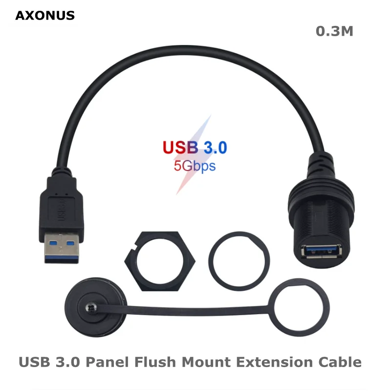 Round Single Port USB 3.0 Panel Flush Mount Extension Cable with Buckle for Car Truck Boat Motorcycle Dashboard 30cm/12 inch
