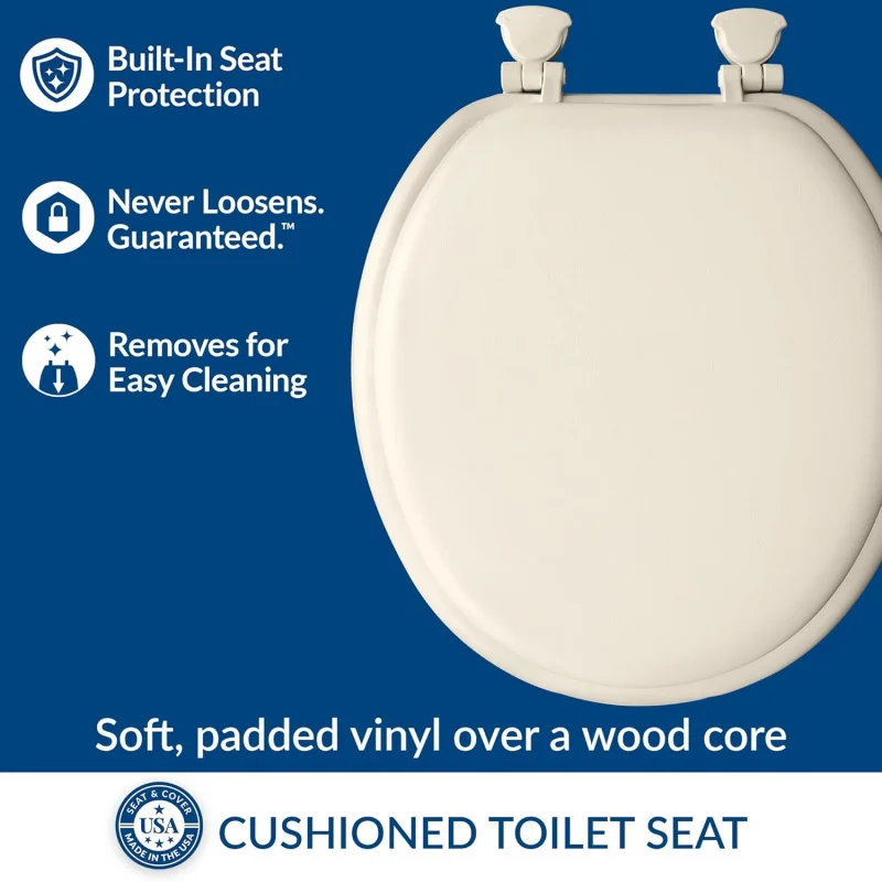 Padded Toilet, Cushioned Soft Vinyl over Wood Core, Secure Hinges, Easy Clean, Round, Biscuit