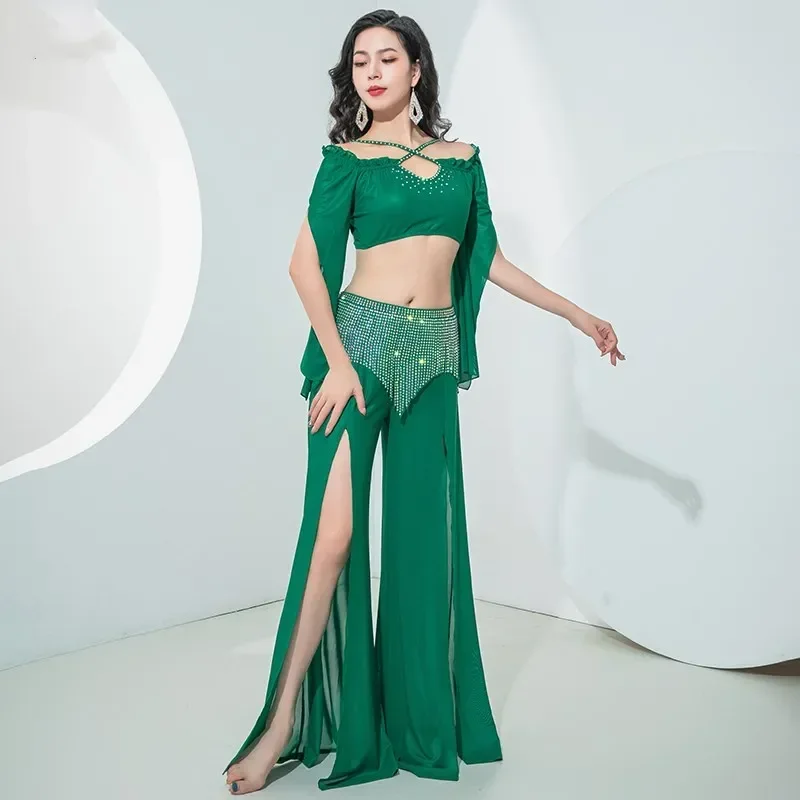 Carnival Costumes Woman Rhinestone Shine Fringe Skirt Pant Gauze Long Sleeve Top 2 Piece Sexy Oriental Dance Outfit Beauty New