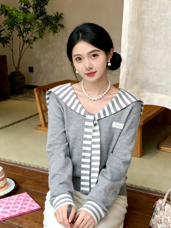 

Korean Sle Navy Collar Knitted Sweater Women Winter Long Sve Striped Slimming College Sle Top Loose Fit Soft Material