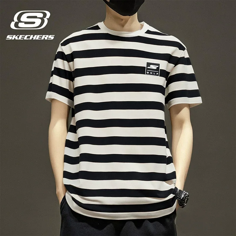 Skechers short-sleeved T-shirt for men, summer sports breathable fabric, striped, casual half-sleeve design P225U122-03K8