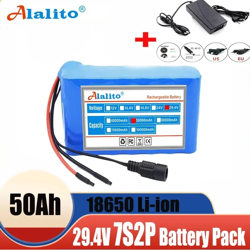 

24V 7s2p 50Ah 18650 lithium-ion battery pack 29.4v 50000mah electric bicycle electric wheelchair scooter battery+charger