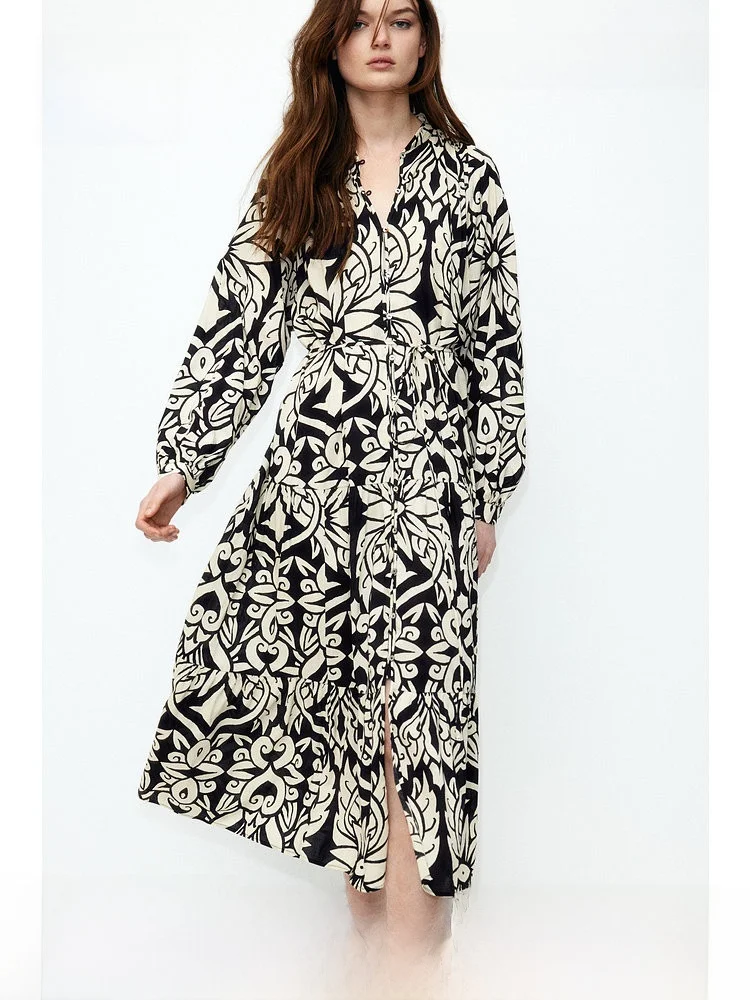 

H&M Women's Floral Dress Summer Long Sleeve Casual Layered Ocean Print Long Dress Elegant Lantern Sleeve Viscose Cotton Blend