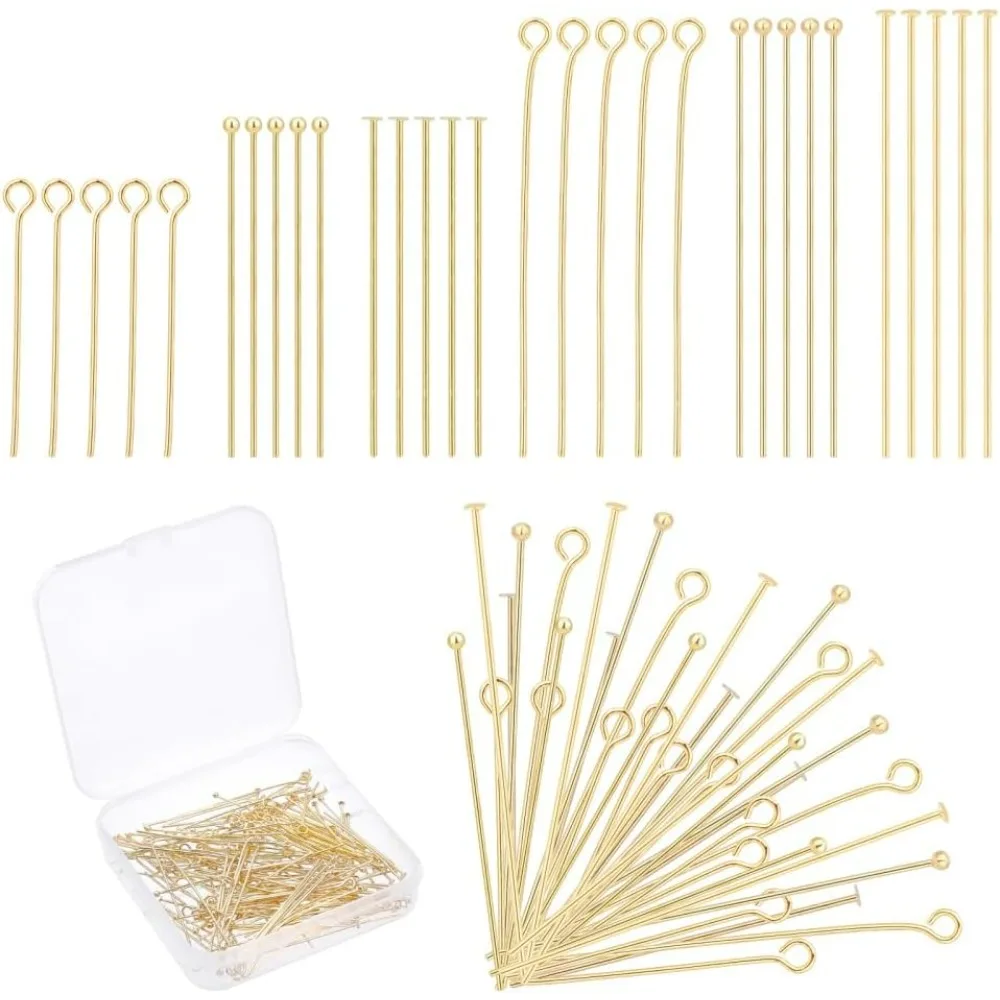 18K Gold Jewelry Making Pins Head Ball Pins Open Eye Pins Flat Head Pin 3 Sizes Jewelry Eye Findings for DIY Craft Earring