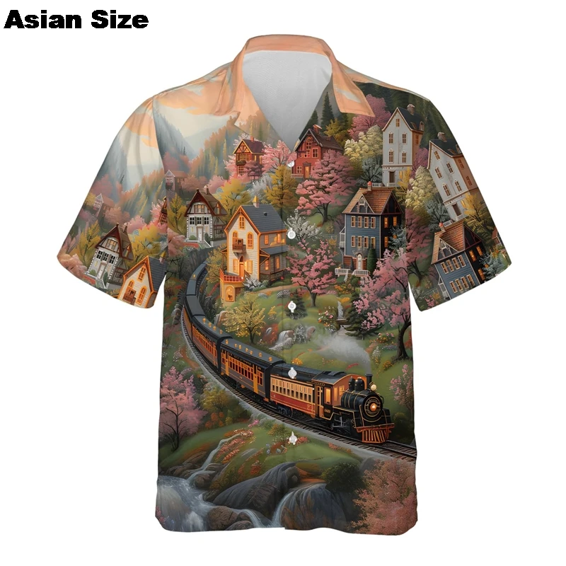

Vintage Train 3D Print Shirts For Men Clothes Hawaii Vacation Vehicle Male Short Sleeve Button Tops Boy Streetwear Lapel Tee2025