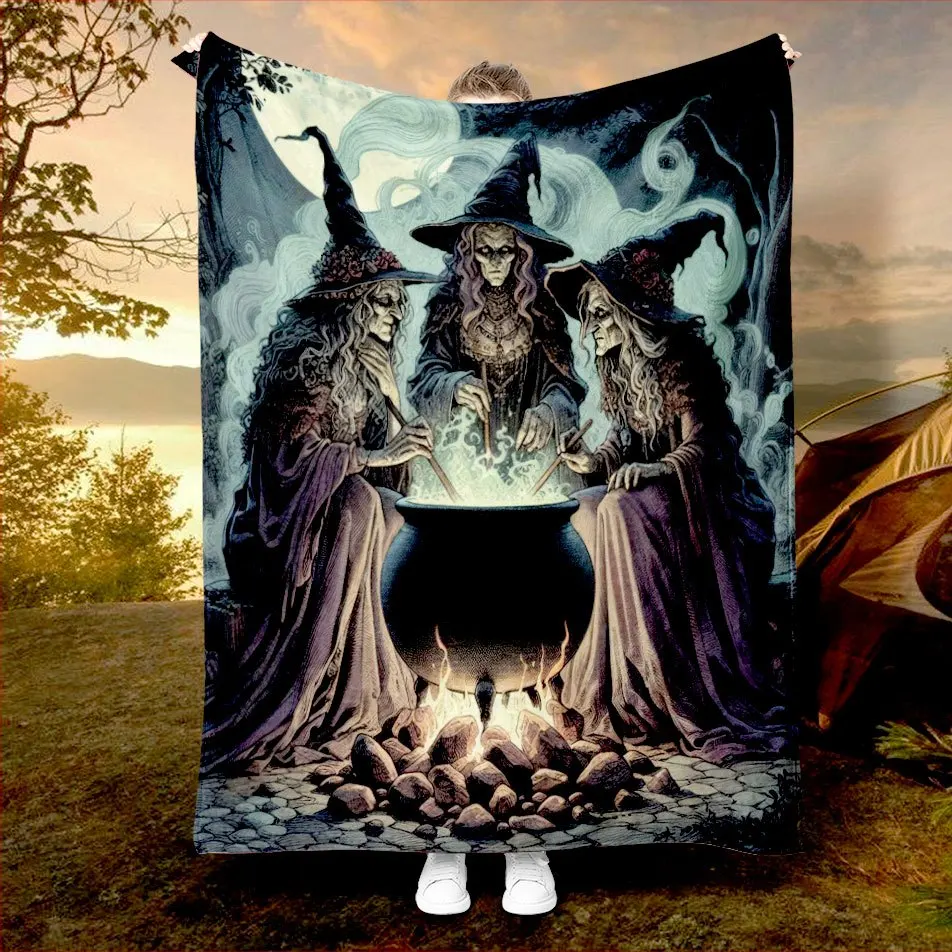 Three Witches Halloween Blanket Gothic Magic Design Dark Fantasy Art Soft Fleece Throw Home Decor Gift Idea Spooky Theme Cozy