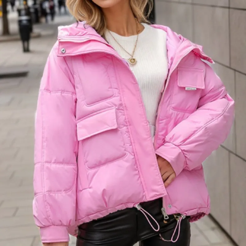 

2025 Womens Hooded Puffer Jacket Short Down Cotton Coat Multiple Pockets Thick Warm Winter Outwear for Plus Size Korean Style