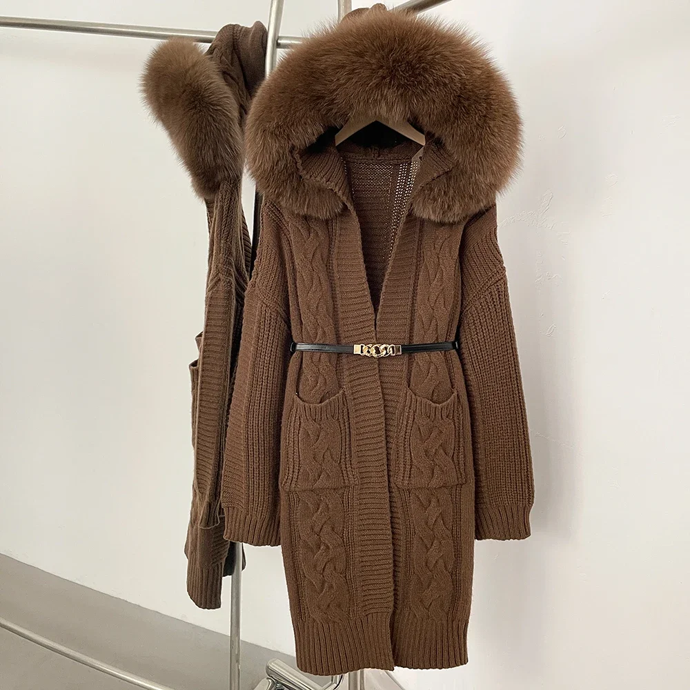 

Cardigan Hooded Real Fox Fur Jacket Autumn Knitwear Women Spring Real Fur Coat Knitted Coat Clothes Fashion Belt Sweater Female