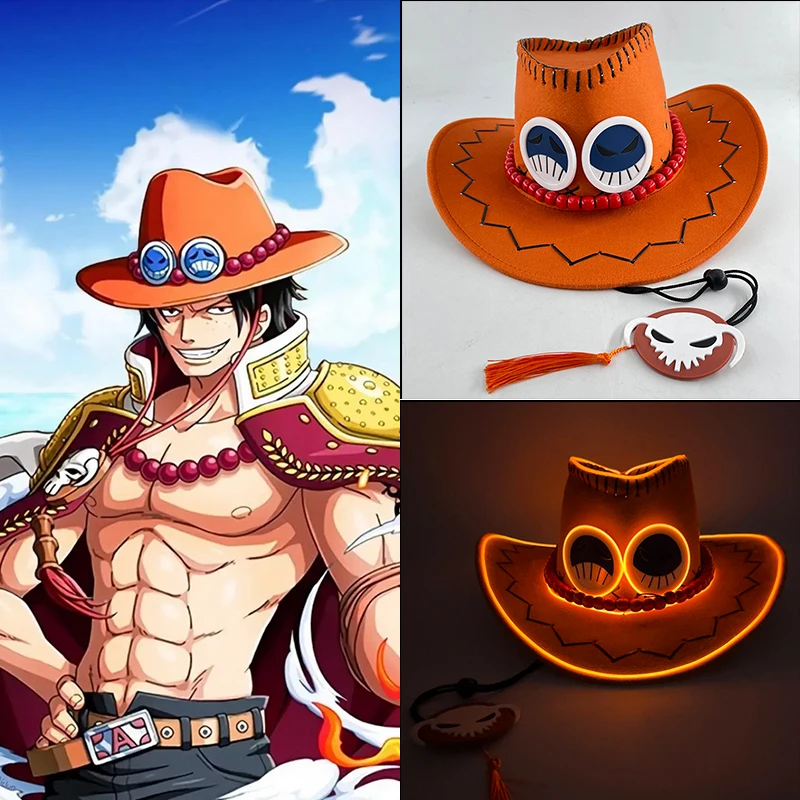 EL Neon Glow One Piece Fire Fist Ace Hat Pirates King Cosplay Party Hat Western Cowboy Hat Anime Jazz Hat Men Women