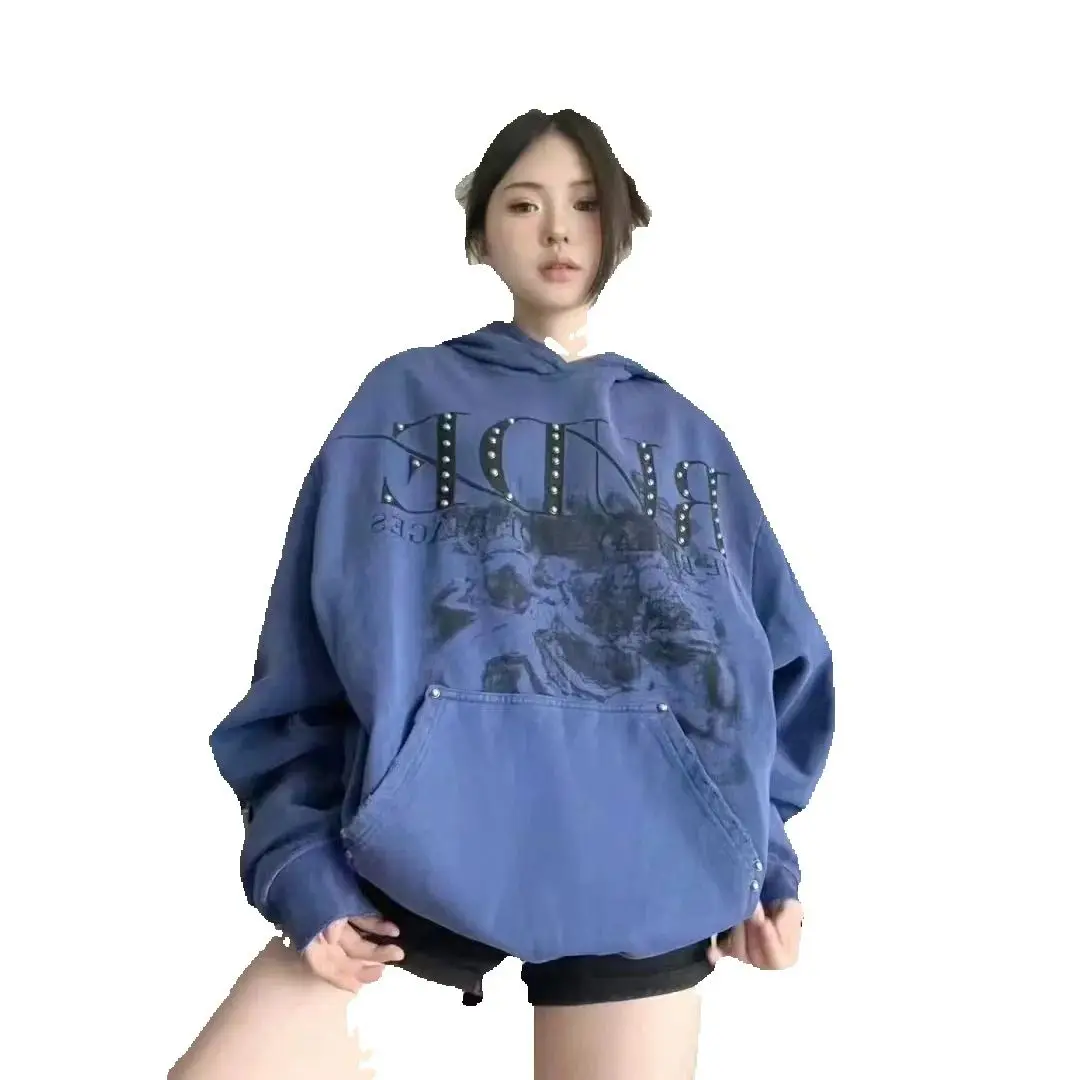 American Retro Beaded Long-Sleeved Hooded Sweatshirt Women Autumn Winter New Niche Design Loose Casual Versatile Top