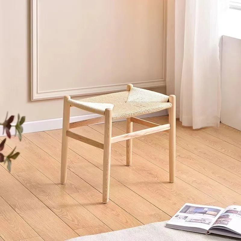 Rope Woven Square Stool, Solid Ash Wood Dining Bench, Minimalist Home Shoe Changing Dressing Stool