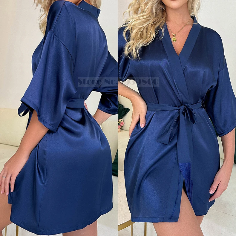 Navy Blue Half Sleeve Kimono Bathrobe Gown New Summer Female Robe Nightgown Loose Silk Satin Home Dressing Gown Lounge Wear