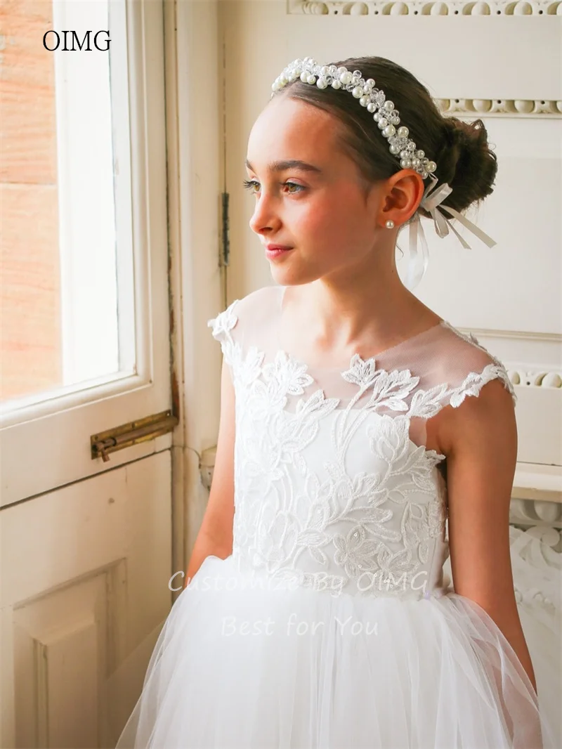 فساتين OIMG الفاخرة من الدانتيل برقبة دائرية على شكل حرف a لفتاة الزهور بذيل طويل لحفلات الزفاف بطول الكاحل فستان عيد الميلاد niñas مخصص #3