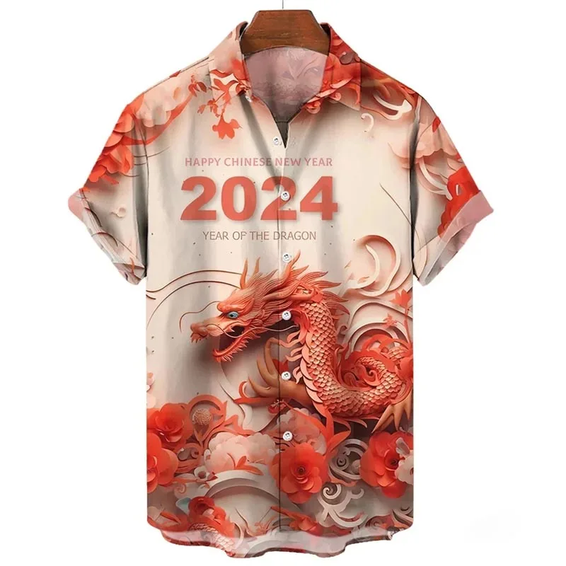 Dragon Pattern Shirt Men's Harajuku Tops Fashion Short Sleeves Tees Summer Lapel Shirts 2024 New Year Oversized Male Clothes