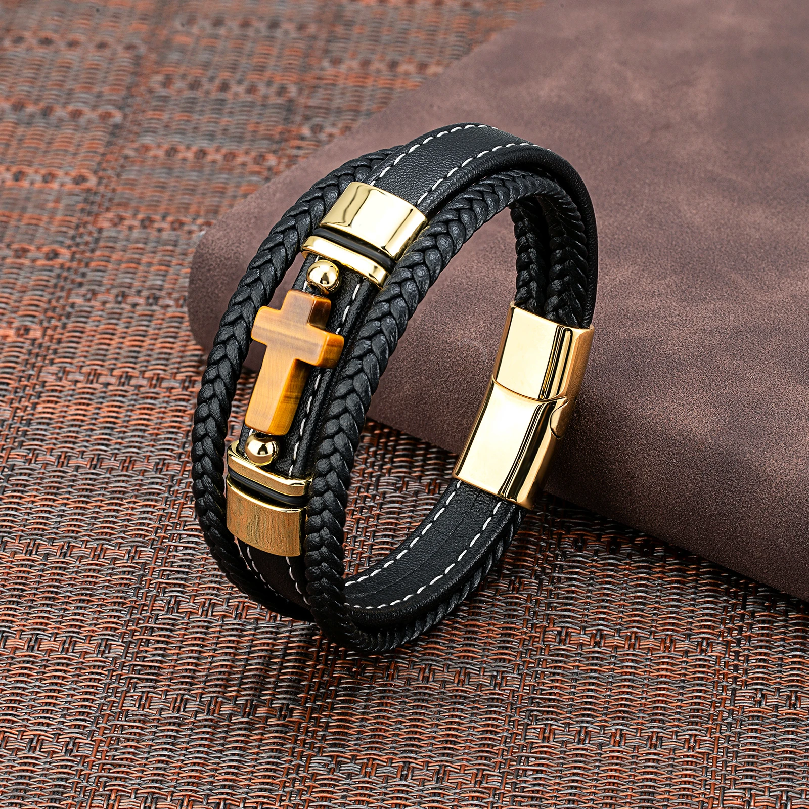 2023 New Vintage Style Cross Natural Tiger Eye with Stainless Steel Casual Collocation 3 Layer Black Leather Cord Mens Bracelet