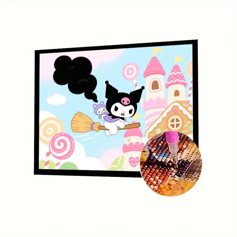 

5D DIY Полный дрель Алмазная картина - Kawaii Sanrio Kuromi & Friend Flying on Broomstick, Химерный конфетный замок и леденец B