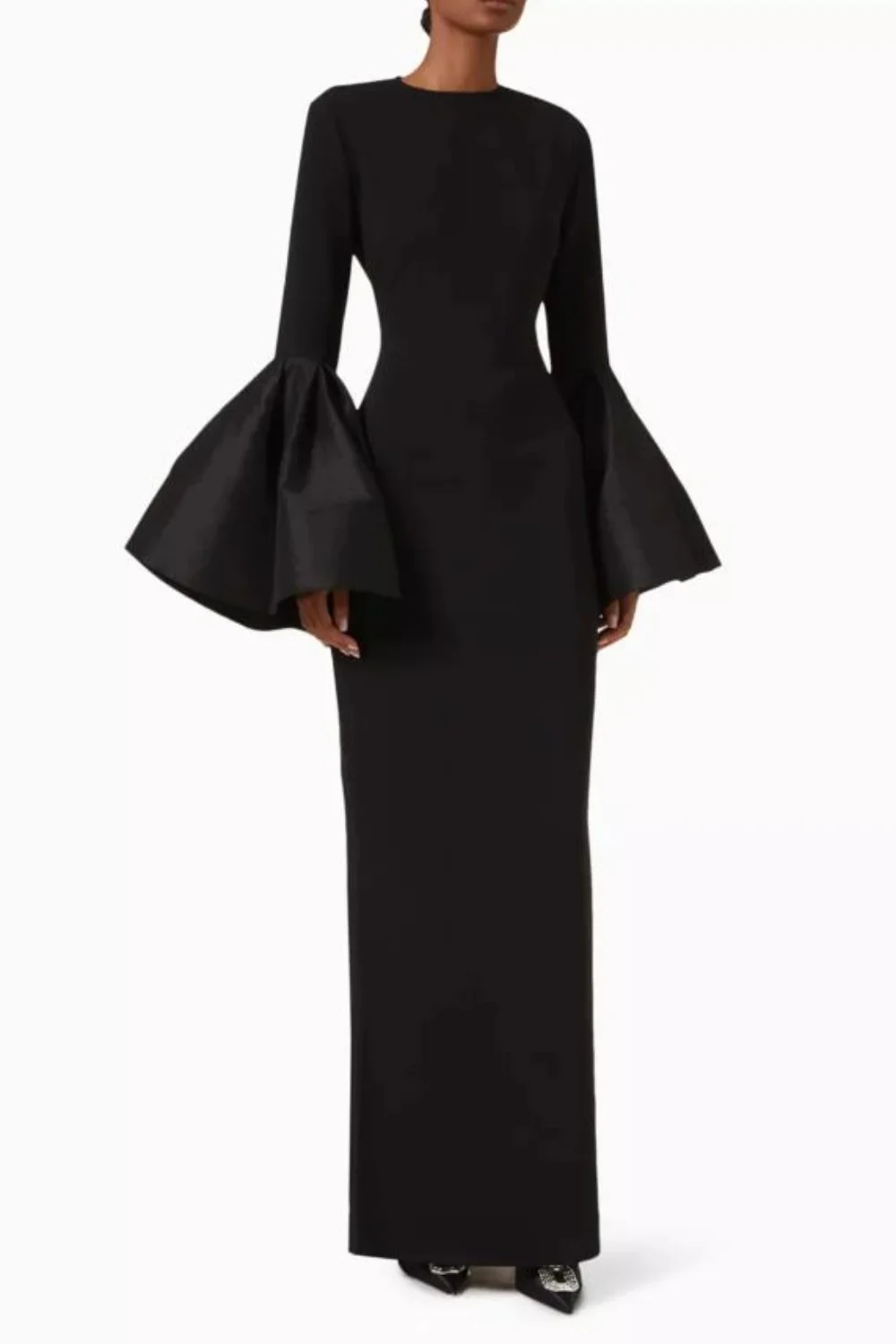 

Customized Black Sizes Available Simple Jersey Pleat Flouncing Straight Scoop Neck Long Dresses Evening Dresses High Quality