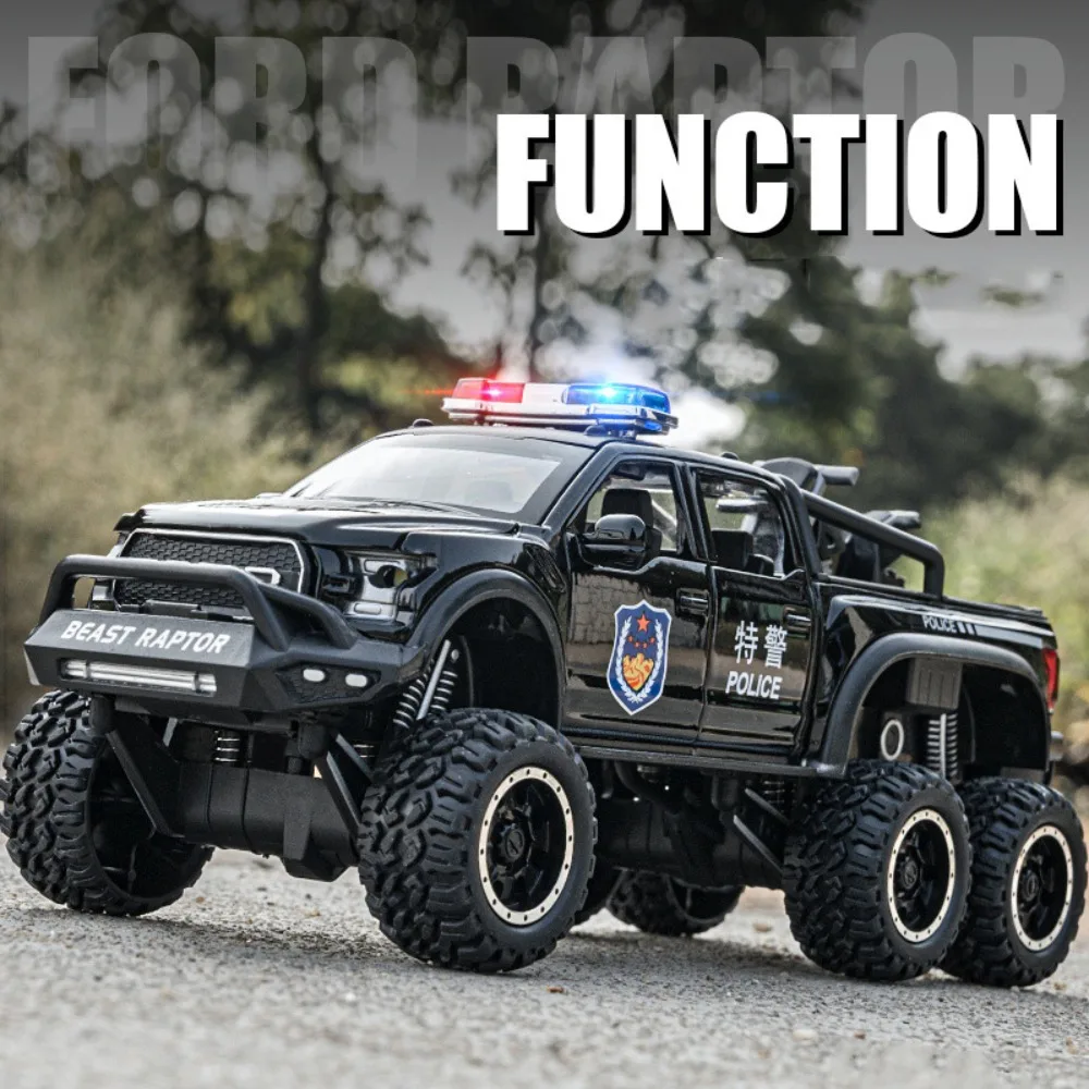 1/28 Raptor F150 Pickup Model Car Toys Diecast Alloy Off-road Police Cars 6 Doors Opened Sound Light Pull Back Toy For Kids Gift