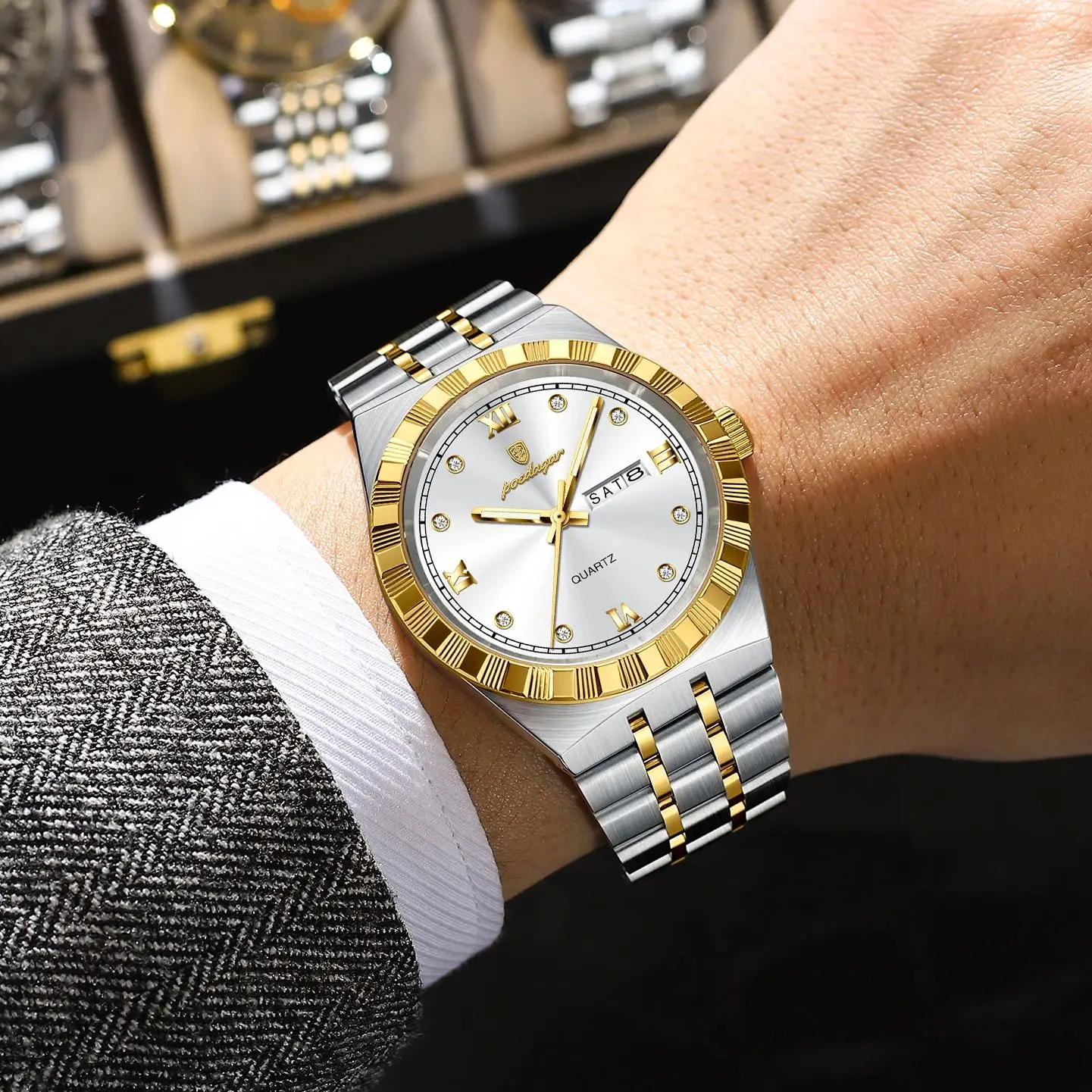 POEDAGAR Luxury Business Male Watch Waterproof Luminous Week Date Men's Wristwatch Stainless Steel Trendy Quartz Watches For Men