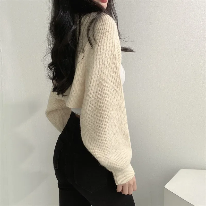 Clearance Lantern Sleeve Sweater Cowl Coat Women's Cardigan Bishop Sleeve Autumn Versatile Sweater Ultra Short Fashionable Top