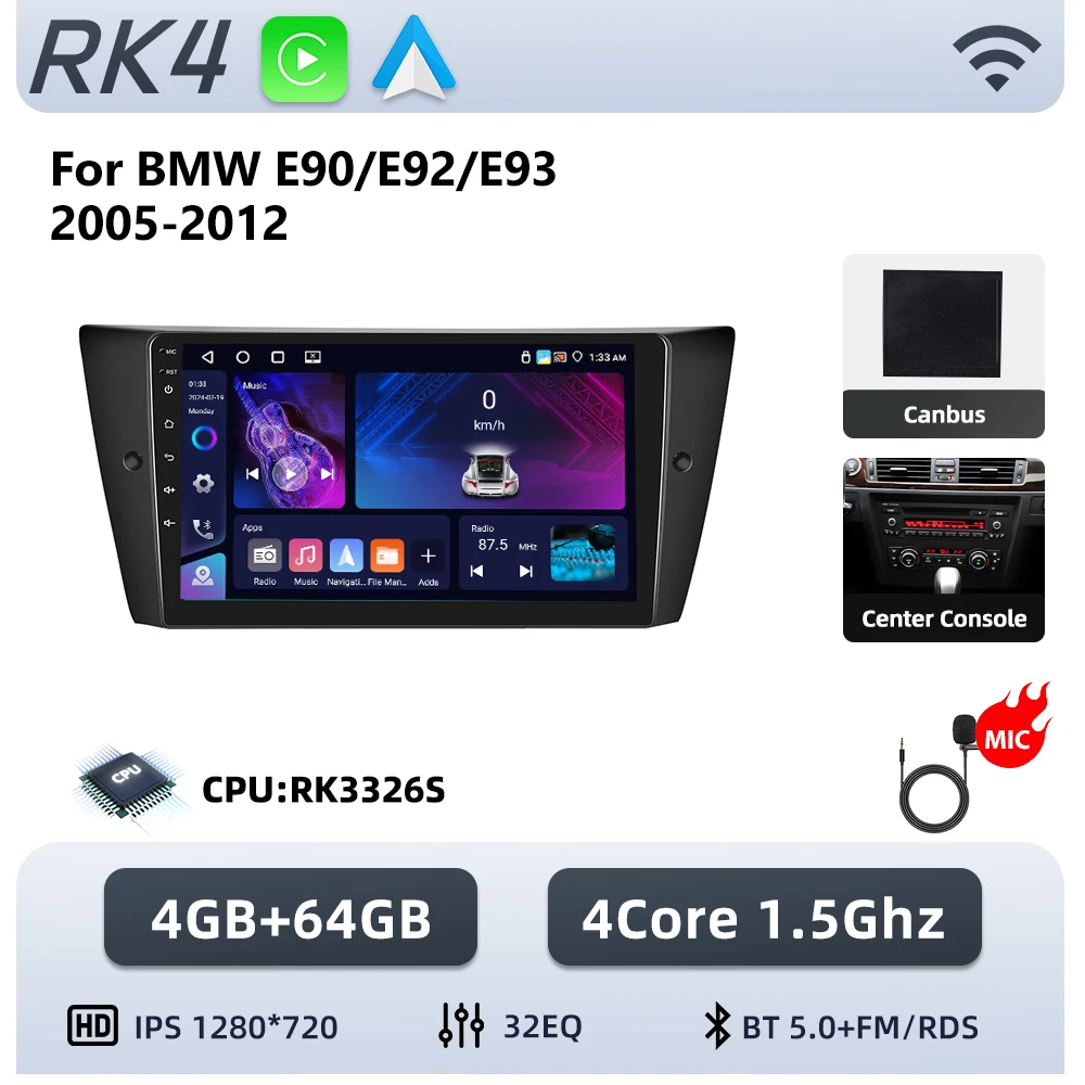 Podofo 8-core Android autoradio voor BMW E90/E92/E93 2005-2012 met draadloze Carplay, Android auto-audio, GPS-navigatie, 4G LTE en WIFI