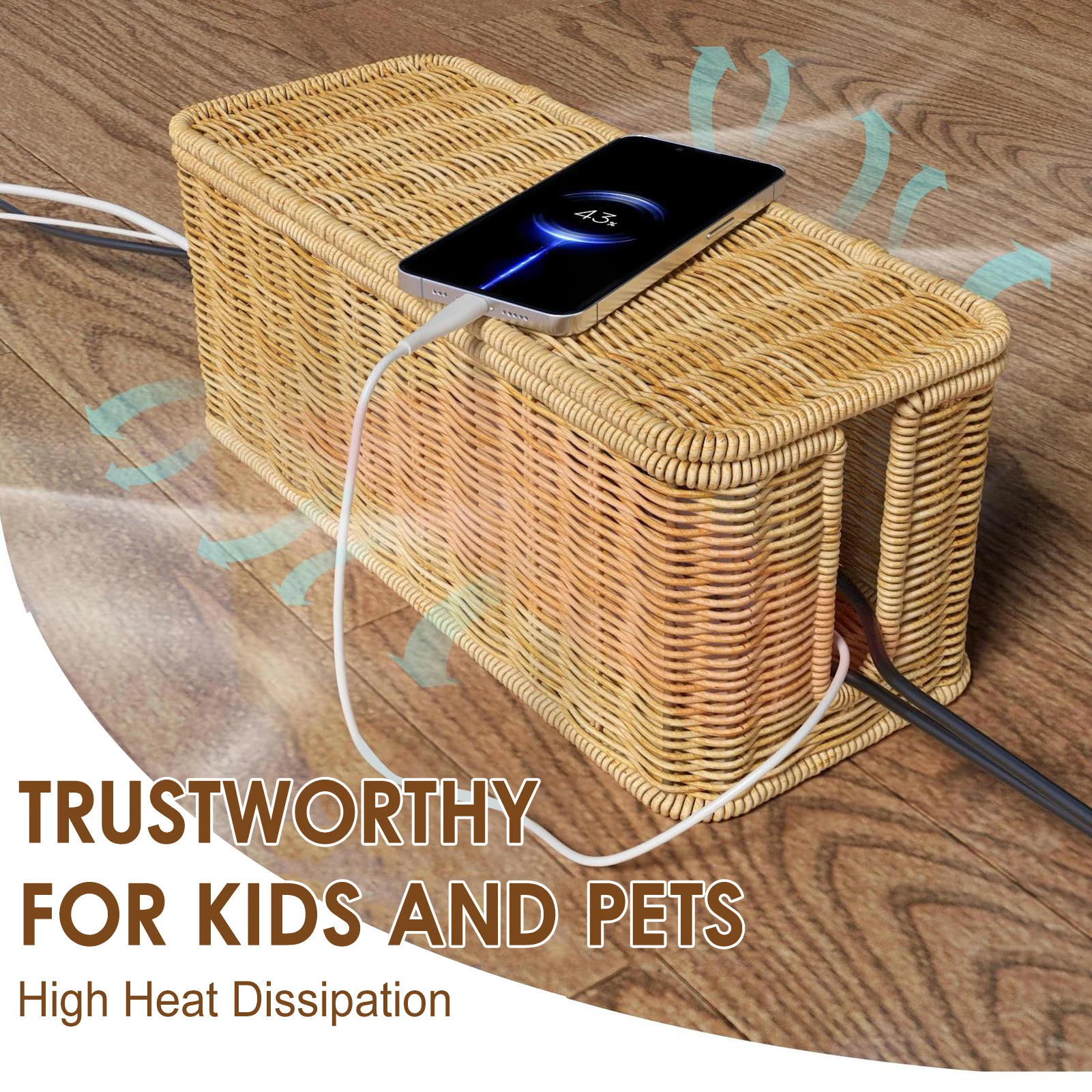 

Desk Data Cable Management Hider Box Imitation Rattan Organized Box for Mobile Phone Computer Wires Cat Puppy Children Safety