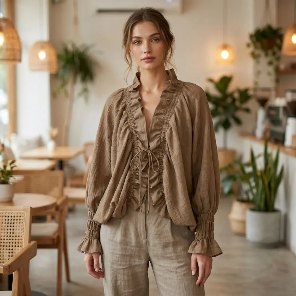 Schicke Bluse mit Rüschen und Schnürung, V-Ausschnitt, vorne mit Bindebändern, Fledermausärmel, lange Ärmel, lockerer Schnitt, Kordelzug, Laternenärmel, Chiffonbluse, für den Alltag. – Detail 3