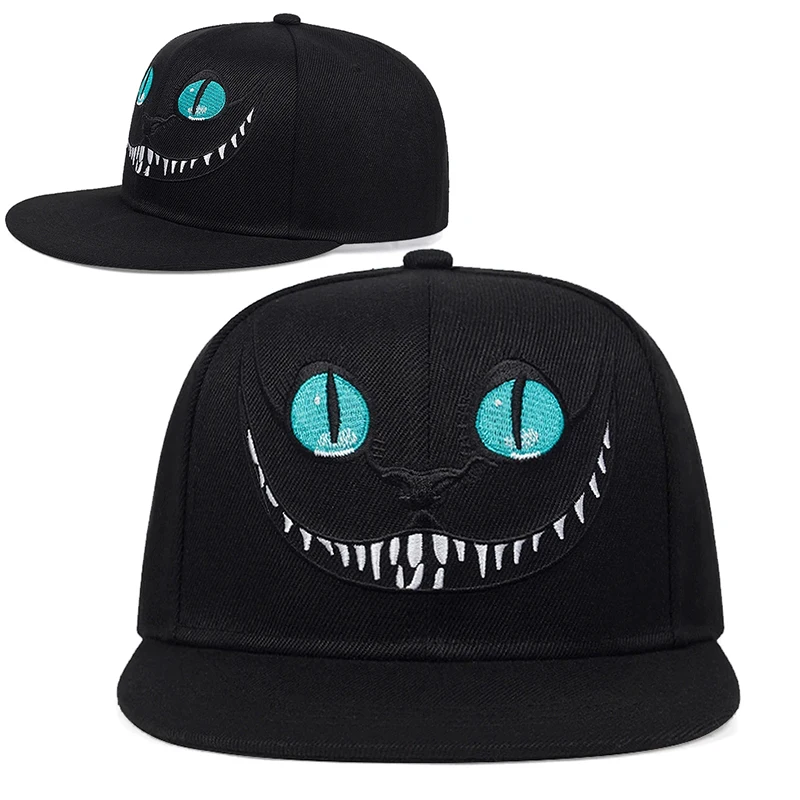 Berretto da baseball con ricamo gatto Cheshire alla moda da uomo Cappellini snapback con faccina carina Cappello in cotone unisex Cappellini hip-hop da sole regolabili