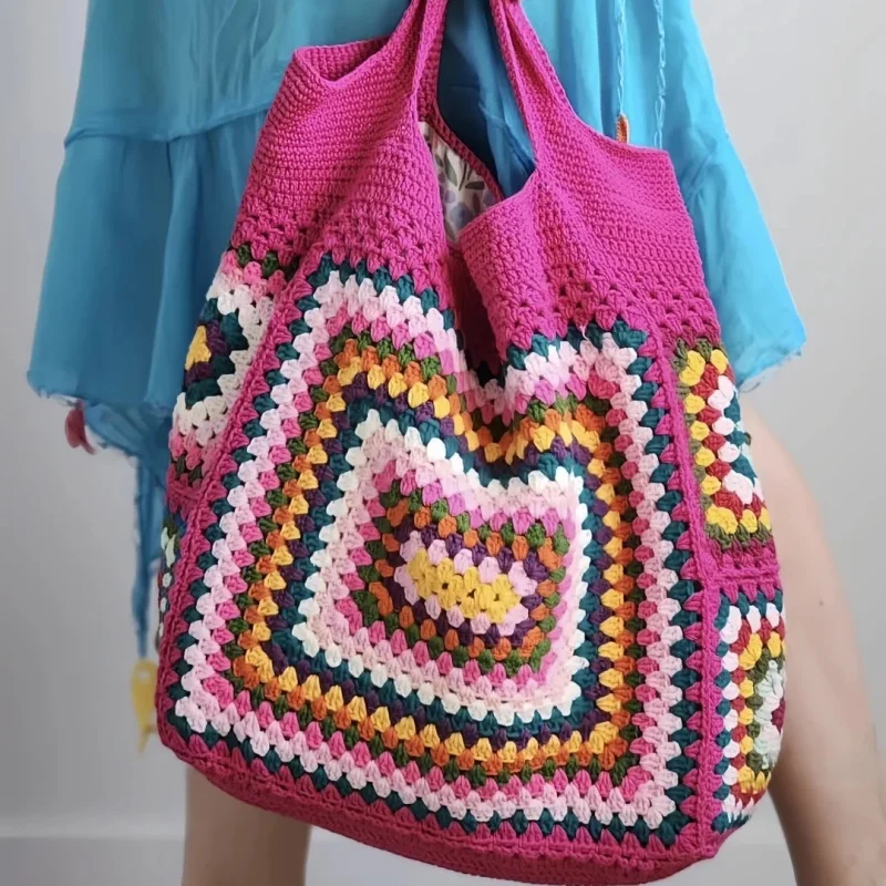 Tejiendo a mano bolsos de hombro de gran capacidad bolsas de מיני para mujeres con patrones de abuela, bolsos de playa simple