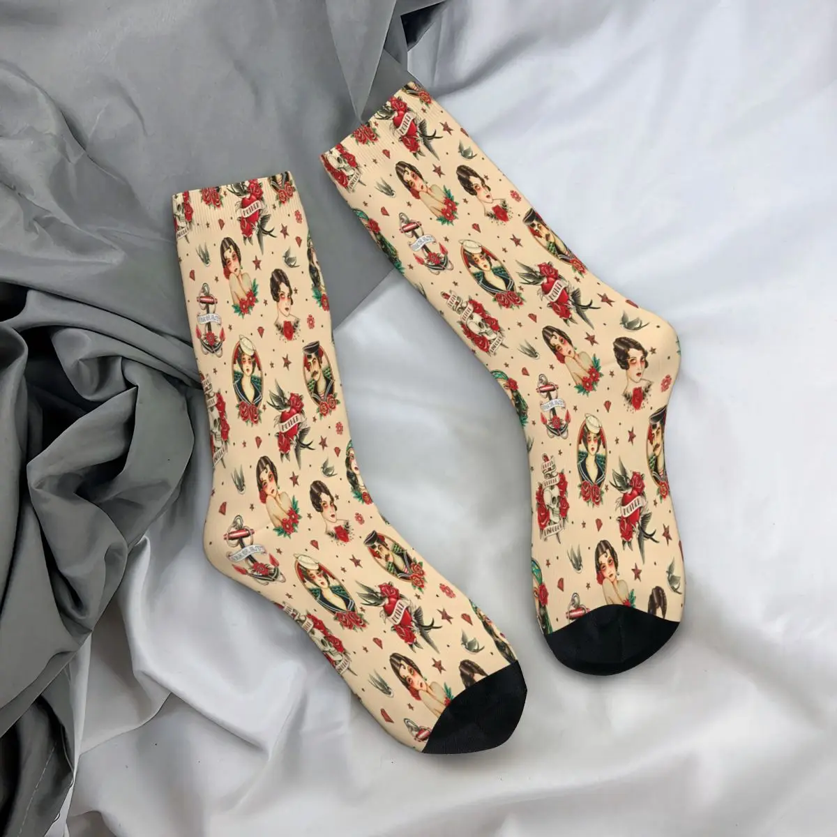 Old School Tattoo 02 Beige Socks Male Mens Women Autumn Stockings Printed