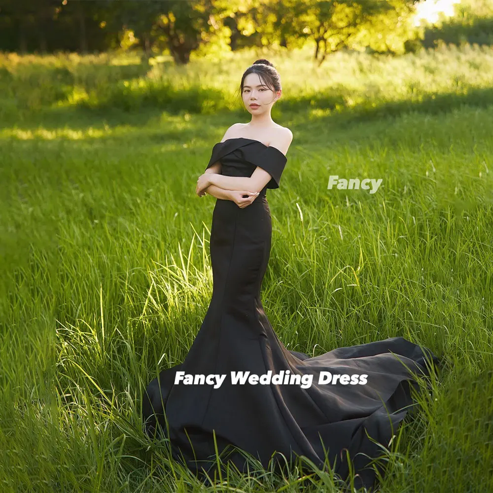 Fancy Simple Korea Off Shoulder Wedding Dress Photography Mermaid Elastic Satin Bridal Gown Back Corset Customized