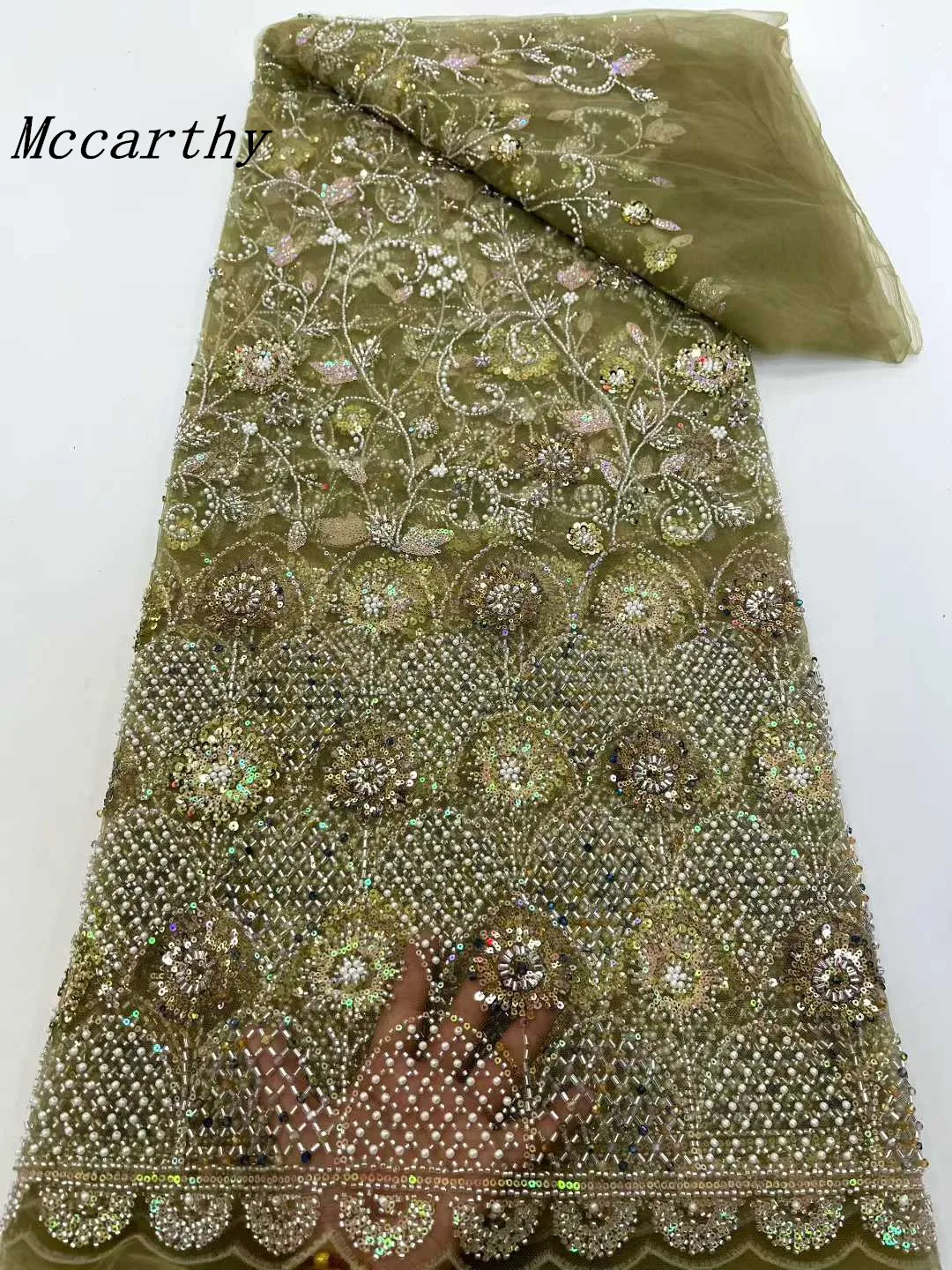 

2025 France High-End Luxury Elegant Green Handmade Beaded Lace Fabric Nigerian With Sequins Mesh Lace Fabric For Wedding Dress