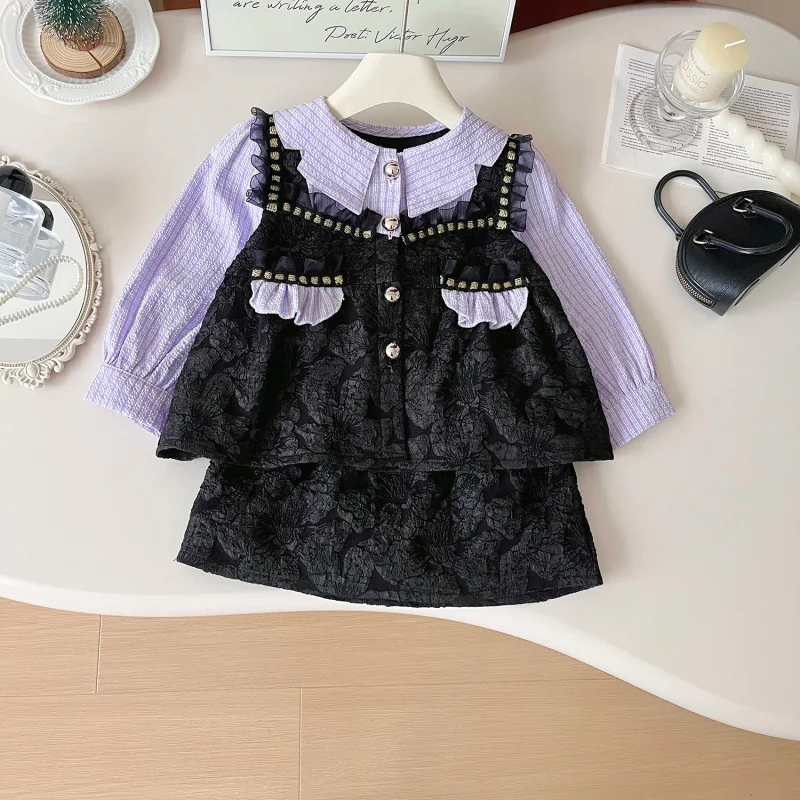 

Girls' Outfit Autumn New Color Block Long Sleeve Shirt+Two-piece Short Skirt Set Wholesale