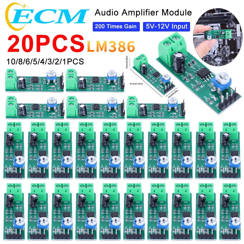 1-20PCS LM386 Digital Mono Amplifier Module 200 Times Gain Mono Voice Amplifier Module 5V-12V Input 10K Adjustable Board