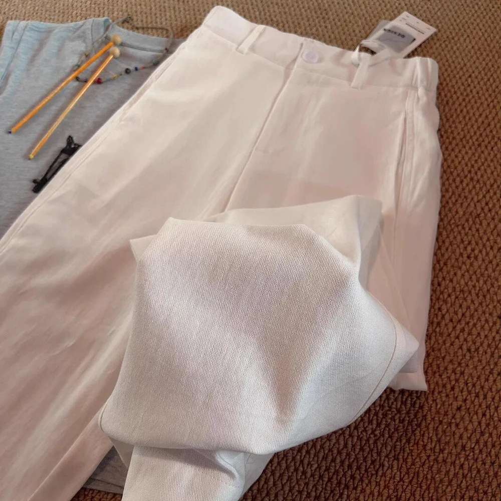 

Womens Linen Wide Leg Pants Summer High Waist Loose Straight Trousers Elastic Waist White Casual Palazzo Drag Pants