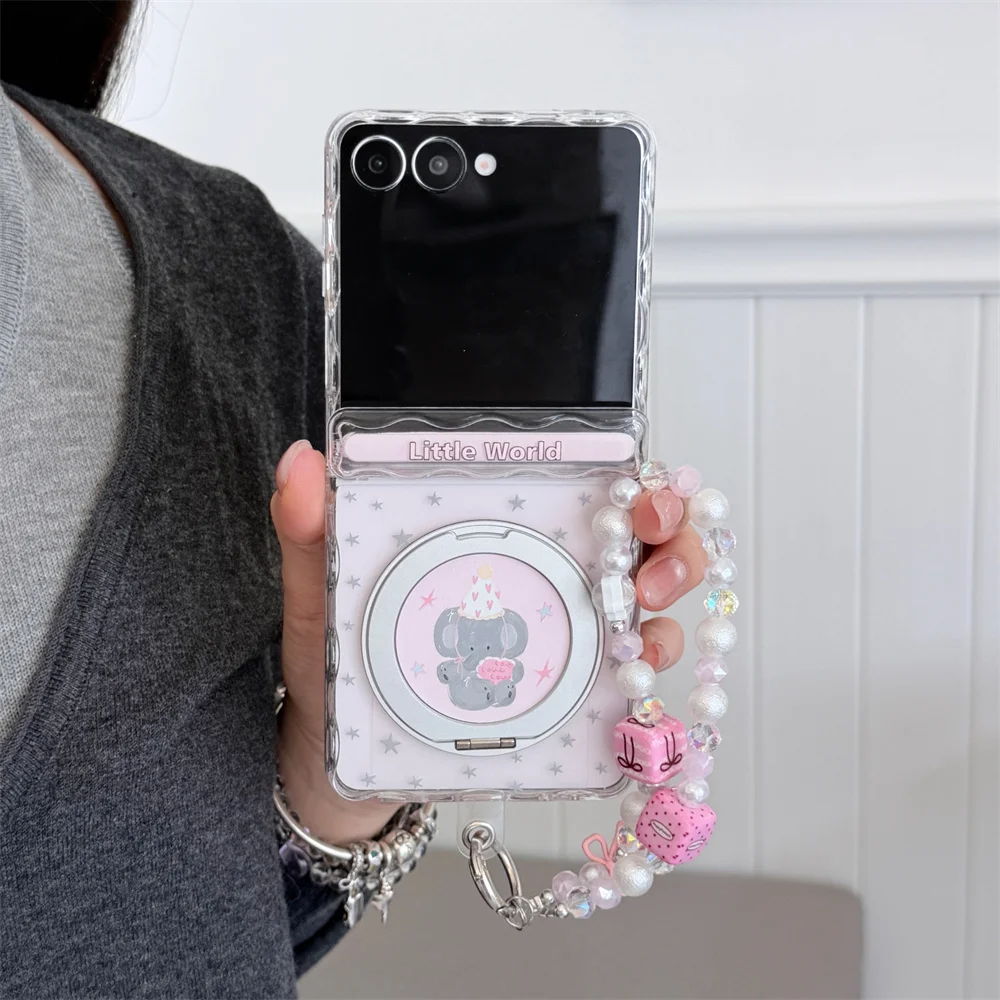 Korean Cute Elephant 360 Magnetic Phone Case For Samsung Galaxy Z Flip 8 7 6 5 Flip6 Flip8 Cover For Magsafe Stand Hinge Cases