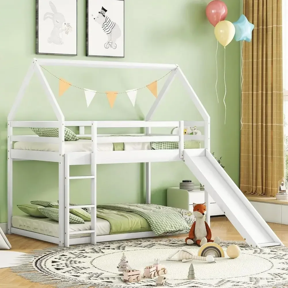 Twin Size Kids Bunk Bed with Slide and Ladder, Suitable for Boys and Girls, White