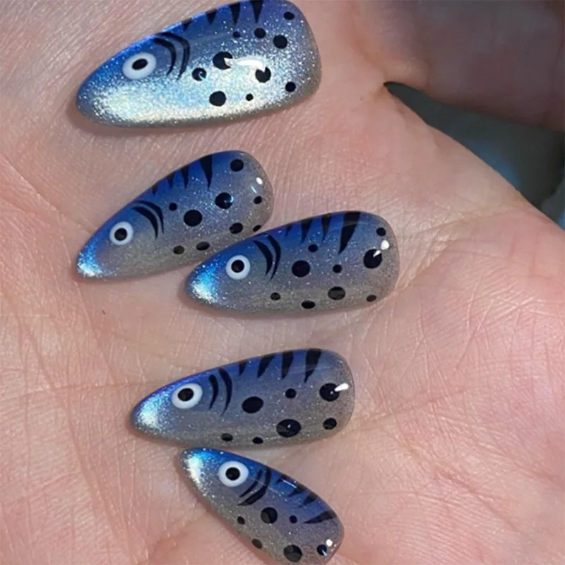 

24Pcs Press-On Nails Cat-Eye Deep Sea Blue with Small Fish Design Short Almond Shape Perfect Gifting for Women and Friends