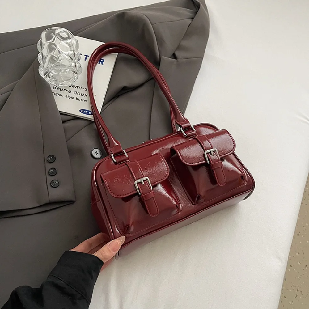 

Simple Korean Style PU Bowling Bag Solid Color Minority Design Pocket Boston Tote Bag Handbag French Style Underarm Bag Portable