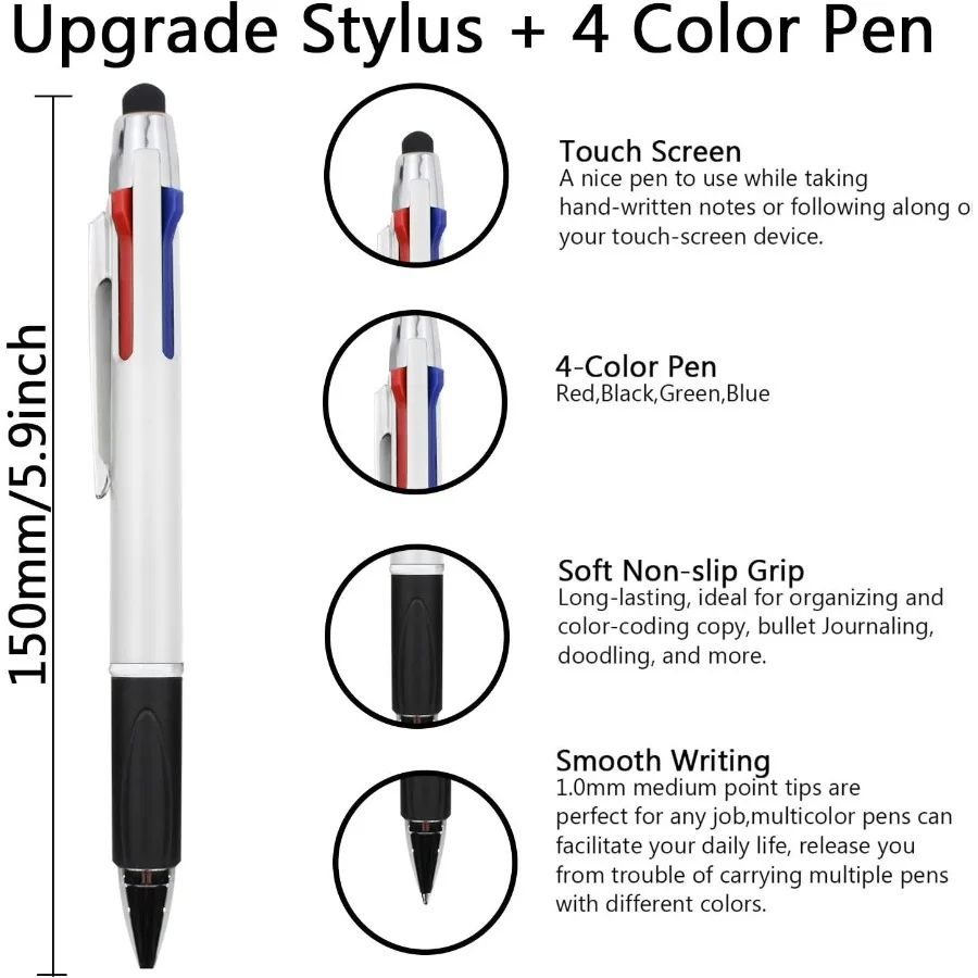 4-Color Ballpoint Pen with Medium Point 1.0mm Multi-Colored Pens in One Design Featuring Touch Screen Stylus Functionality Idea