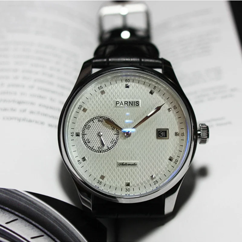 Moda Parnis 43mm cassa in argento orologio automatico da uomo calendario cinturino in pelle meccanico orologi sportivi da uomo reloj hombre 2025 regalo