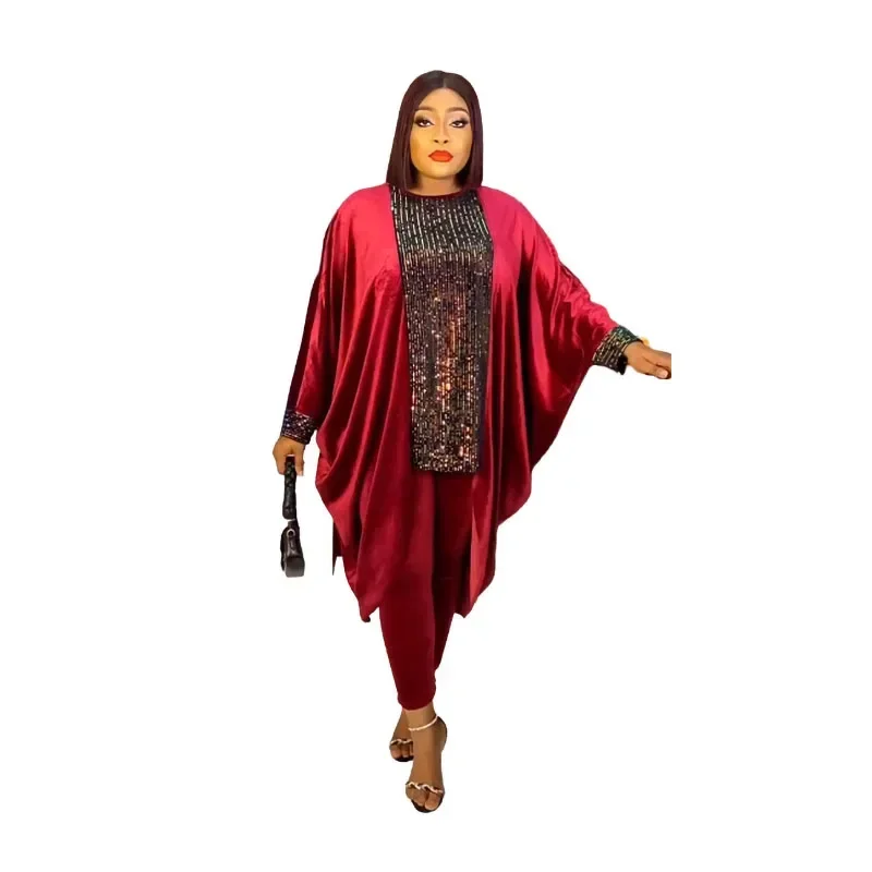 

Polyester African Clothes for Women Autumn Elegant African Long Sleeve O-neck Party Wedding 2 Piece Top Long Pant Matching Sets
