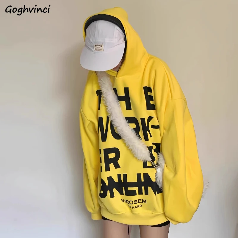 With Hat Hoodies Women Loose Fit Letter Design Trendy American Style High Street Daily College All-match Slouchy Ins Attractive